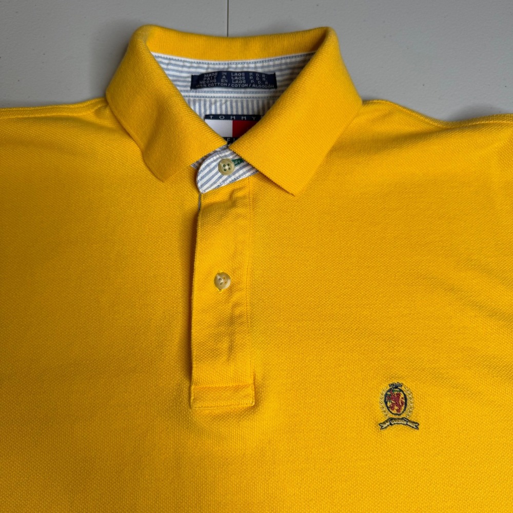 Tommy Hilfiger Mens Small Yellow Cotton Pique Polo Shirt Crest Logo Short Sleeve - Picture 2 of 12